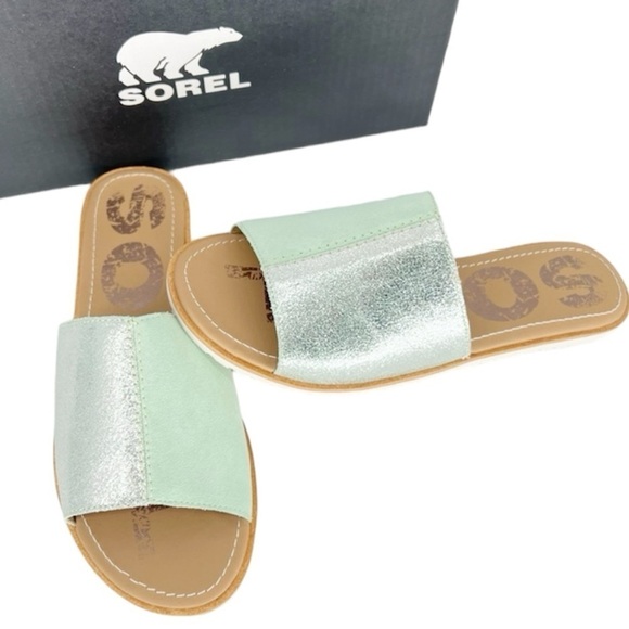 Sorel Women's Ella‎ Block Slides Sandals Vivid Mint Gray Size 9.5 New in Box - Picture 1 of 10